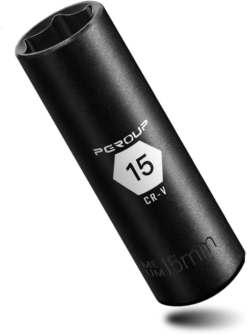 pgroup 3/8” Drive Deep Impact Socket, Metric(15mm socket), 6-Point, Cr-V Steel With Black Manganese Phosphate Coating - Image 1